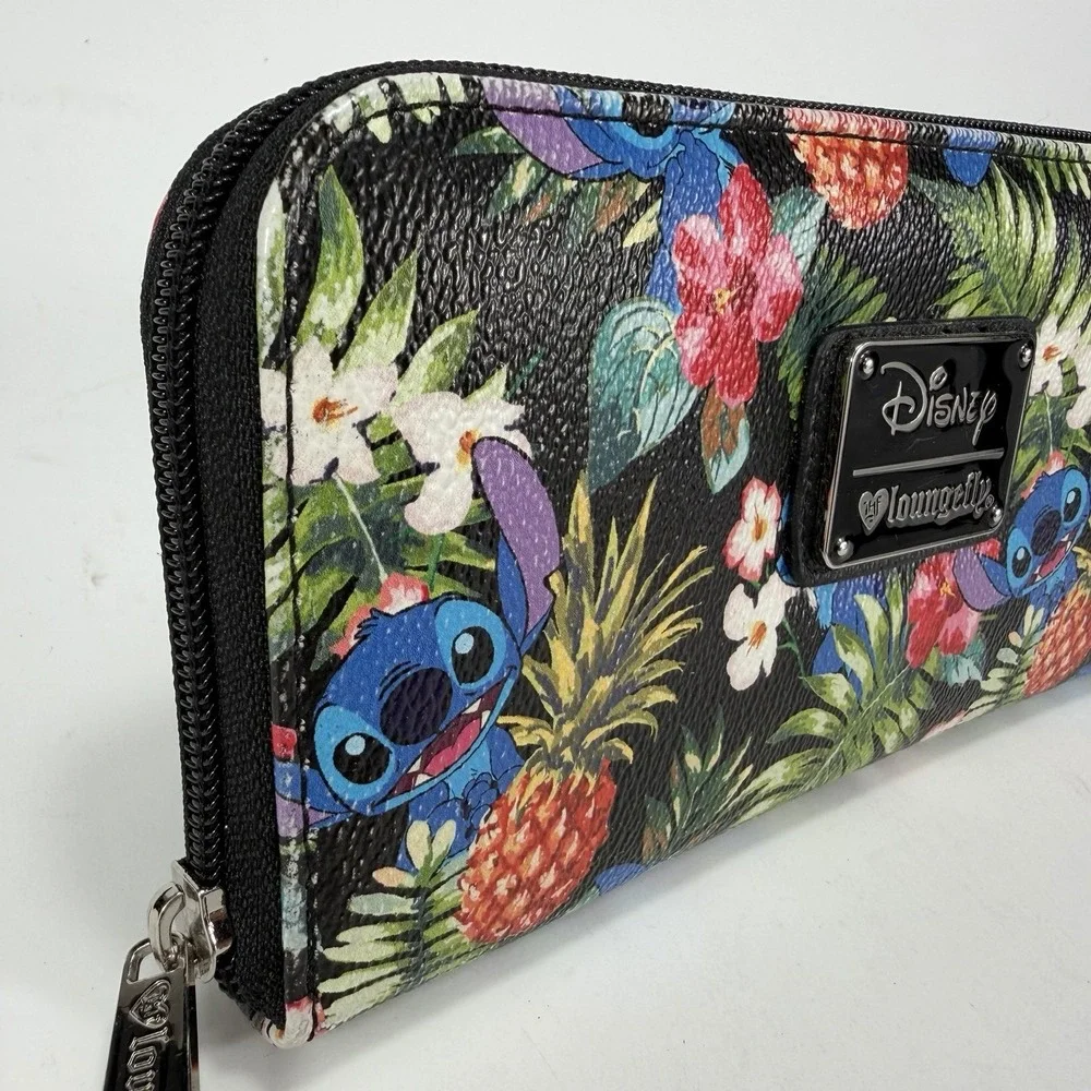 Disney Loungefly Stitch Tropical Floral‎ Zip Around Wallet Black Hawaiian Aloha